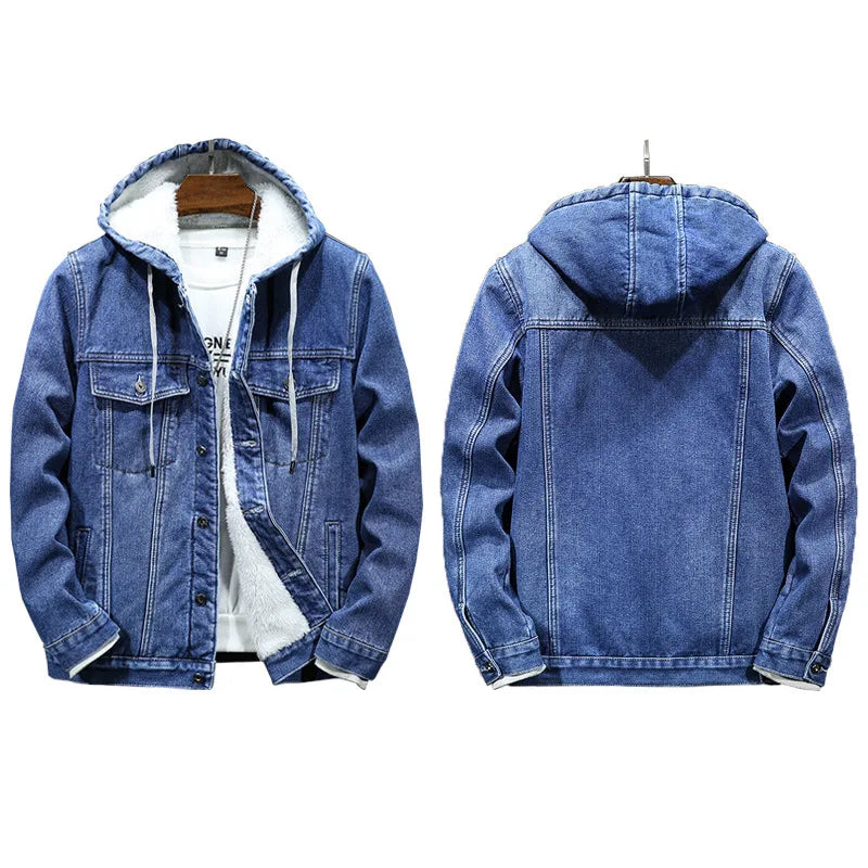 Thicker Winter Jacket Men Warmer Hooded Denim Lambswool Hooded and Padded Denim Jacket Imitation Lamb Wool Fleece Mens Clothes