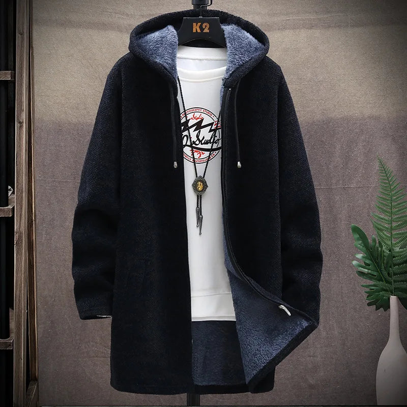 Men's Winter Thicken Sweatercoat Fleece Cardigan Jacket Male Slim Sweaters Long Hooded Sweater Warm Outwear Coats Plus Size 4XL