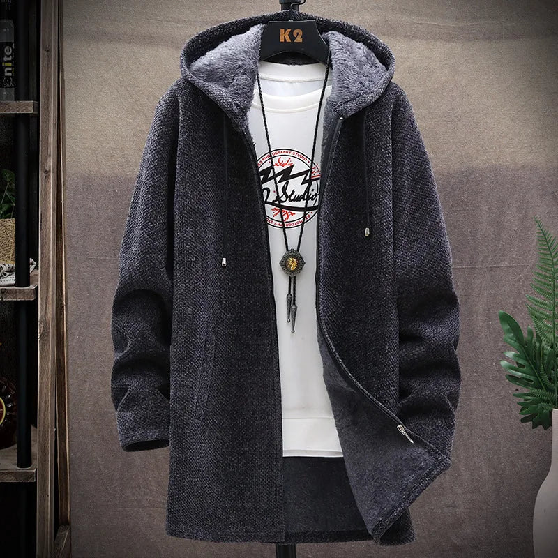 Men's Winter Thicken Sweatercoat Fleece Cardigan Jacket Male Slim Sweaters Long Hooded Sweater Warm Outwear Coats Plus Size 4XL