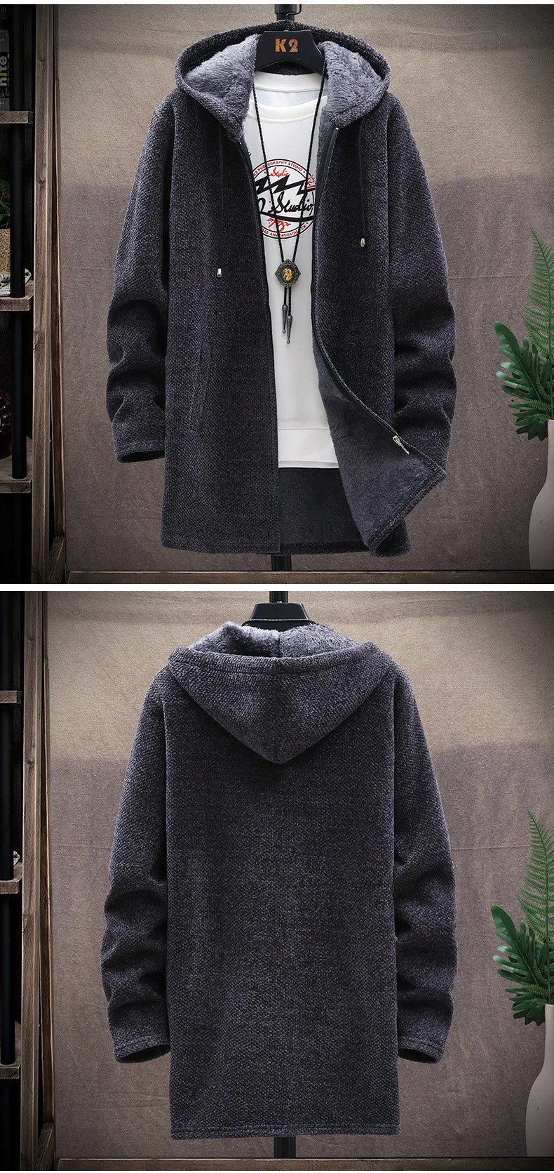 Men's Winter Thicken Sweatercoat Fleece Cardigan Jacket Male Slim Sweaters Long Hooded Sweater Warm Outwear Coats Plus Size 4XL
