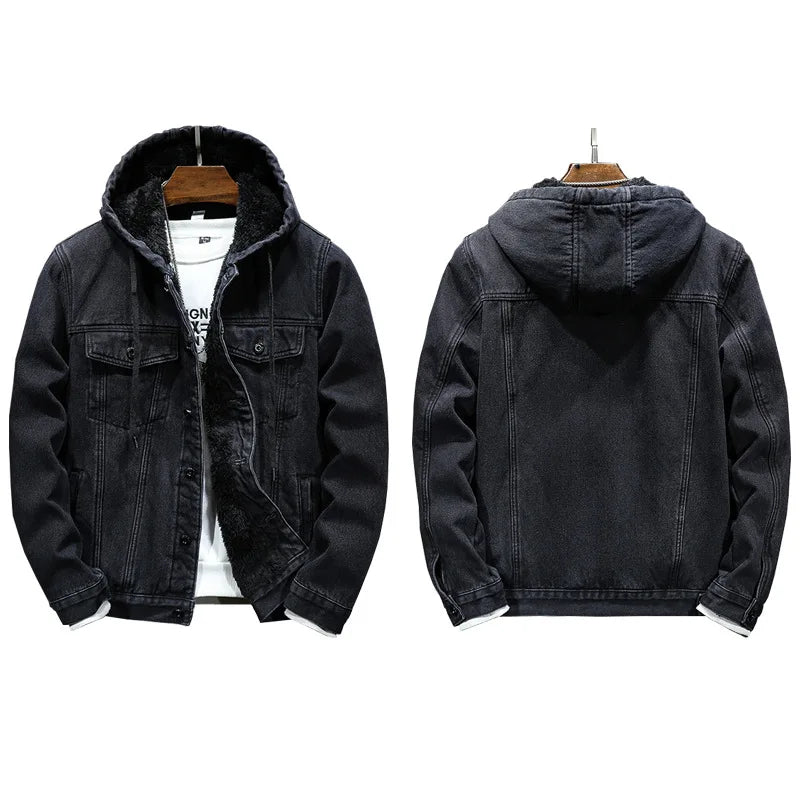 Thicker Winter Jacket Men Warmer Hooded Denim Lambswool Hooded and Padded Denim Jacket Imitation Lamb Wool Fleece Mens Clothes