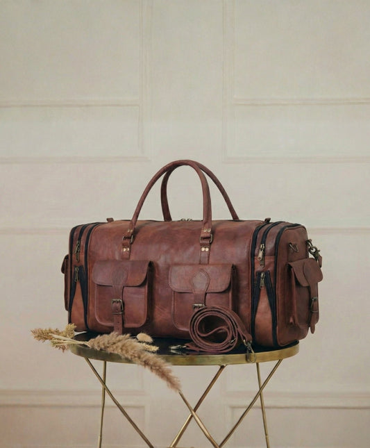 Vintage Brown Leather Weekender Duffel Bag