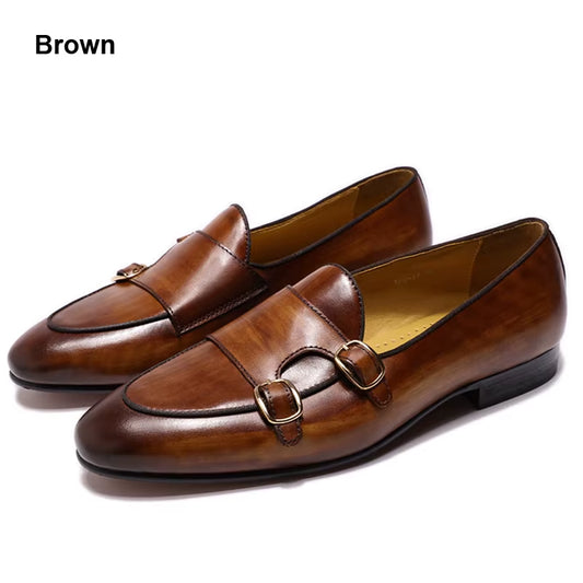 Men'S Genuine Leather Loafers Handmade Monk Strap Casual Dress Shoes for Wedding Party Summer Autumn Footwear