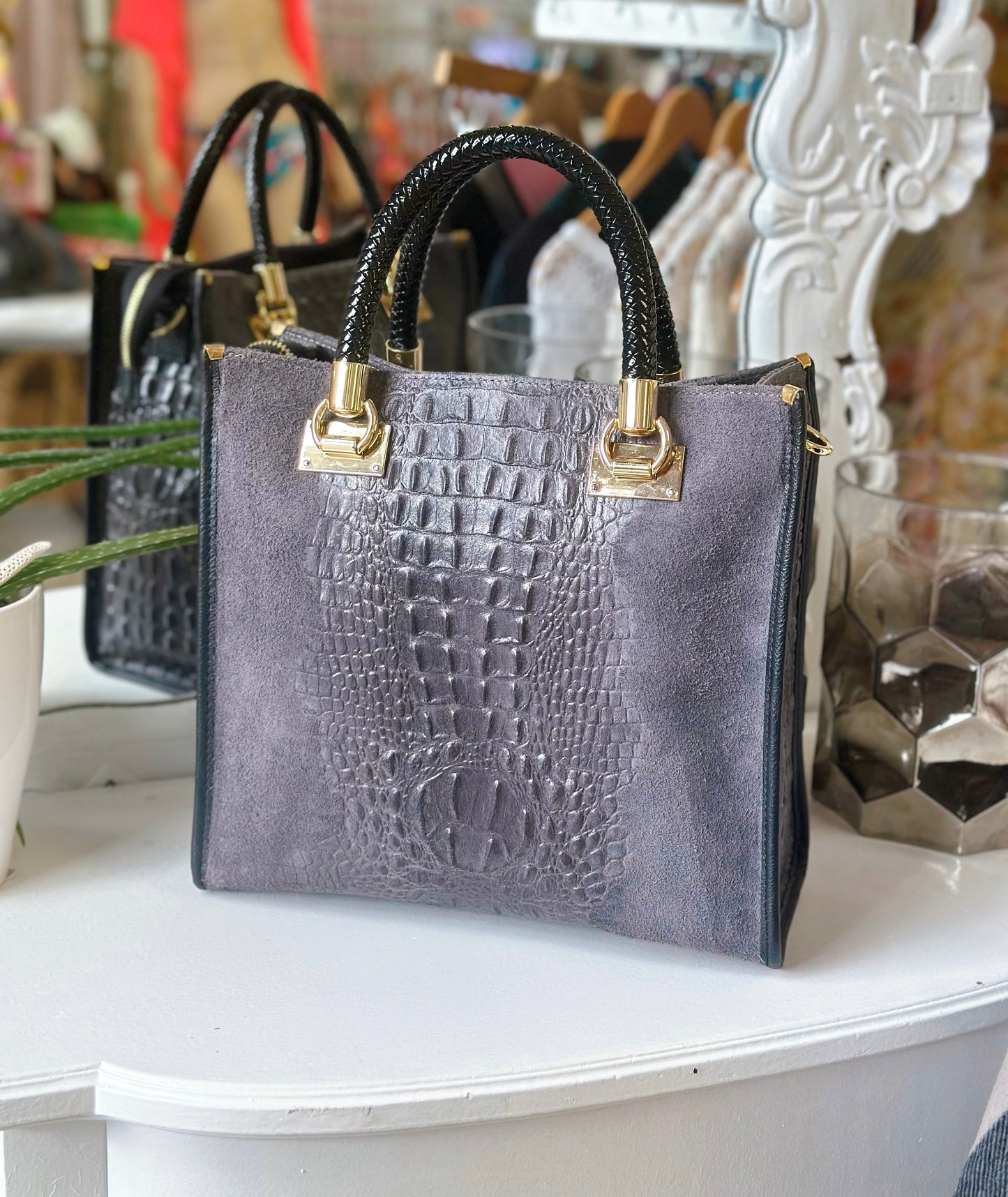 Suede Croc Emboss Italian Leather Handbag
