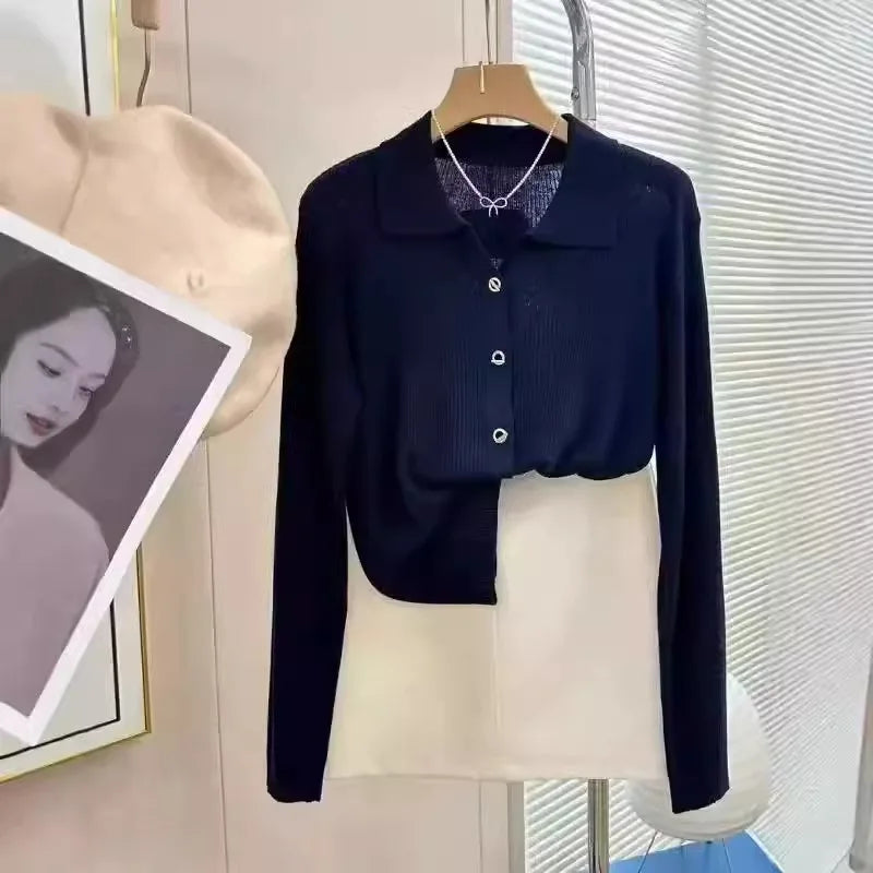 POLO lapel cashmere knit cardigan women's spring and autumn thin loose sweater short wool coat