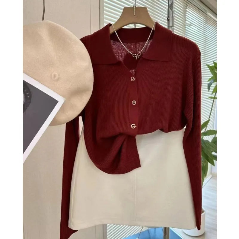 POLO lapel cashmere knit cardigan women's spring and autumn thin loose sweater short wool coat