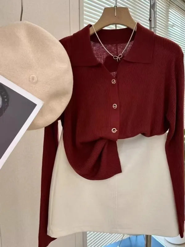 POLO lapel cashmere knit cardigan women's spring and autumn thin loose sweater short wool coat