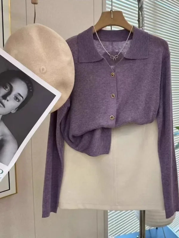 POLO lapel cashmere knit cardigan women's spring and autumn thin loose sweater short wool coat