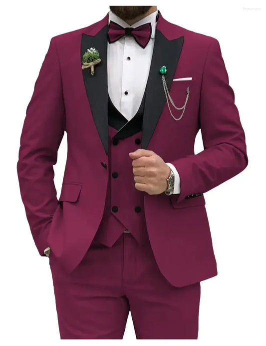 Men's Slim Fit 3-Piece Suit Formal Set (Maroon)
