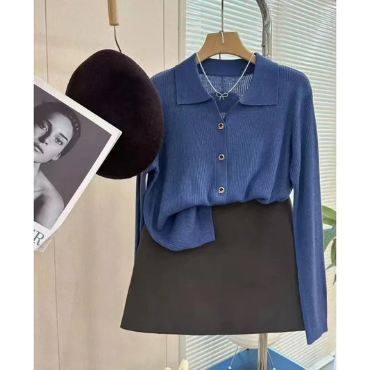 POLO lapel cashmere knit cardigan women's spring and autumn thin loose sweater short wool coat