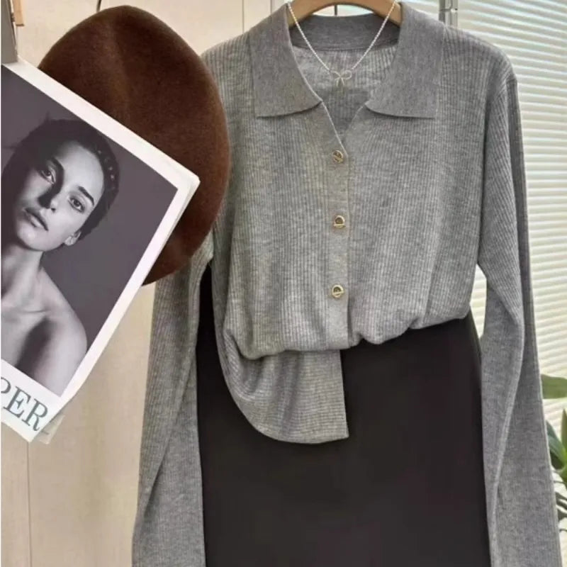 POLO lapel cashmere knit cardigan women's spring and autumn thin loose sweater short wool coat