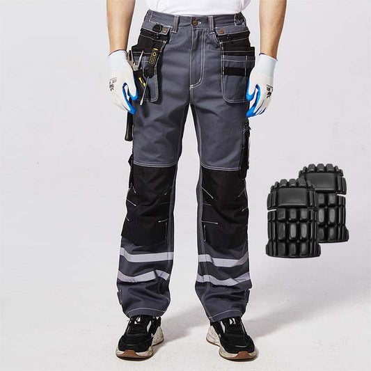100% Cotton Cargo Work Pants with Knee Pad Pockets & Reflective Stripes – B114