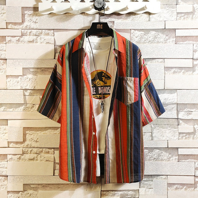 Stripe Bohemian Hawaiian Shirt Men 5XL Japanese Cotton Short Sleeve Beach Casual Shirts Summer Fashion Hip Hop Blouses Male 2020-0