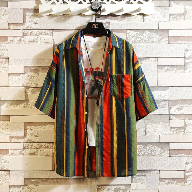 Stripe Bohemian Hawaiian Shirt Men 5XL Japanese Cotton Short Sleeve Beach Casual Shirts Summer Fashion Hip Hop Blouses Male 2020-2