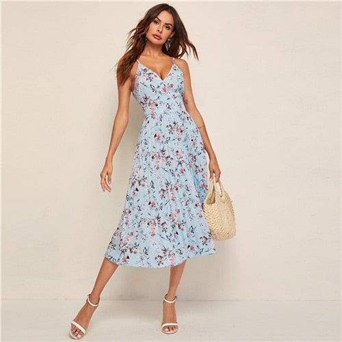 Yellow Surplice Neck Pleated Floral Cami Dress Women Summer Sleeveless High Waist Boho Wrap Long Dresses