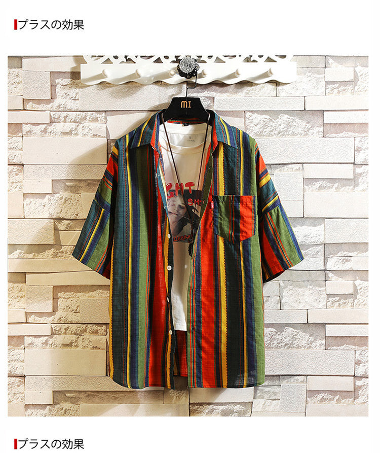 Stripe Bohemian Hawaiian Shirt Men 5XL Japanese Cotton Short Sleeve Beach Casual Shirts Summer Fashion Hip Hop Blouses Male 2020-3