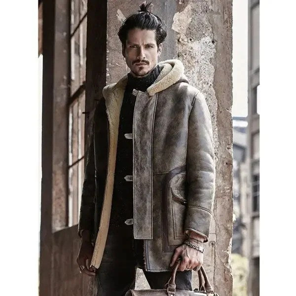 Sheepskin Coat Long Leather Jacket Hooded Fur Coat Mens Winter Coat - L