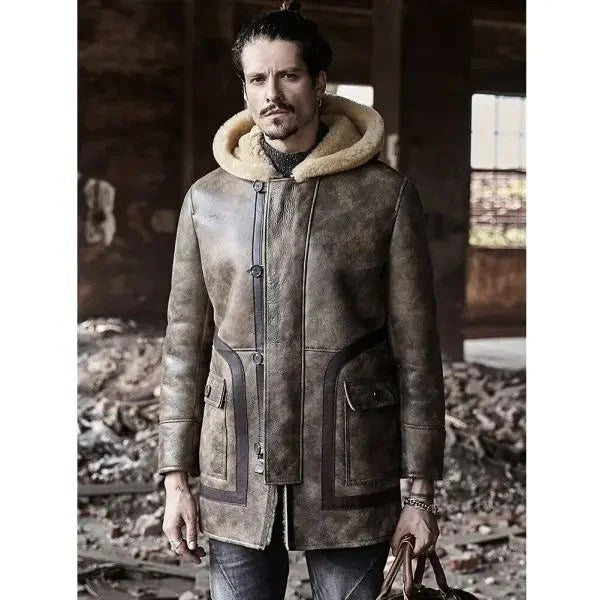 Sheepskin Coat Long Leather Jacket Hooded Fur Coat Mens Winter Coat - X