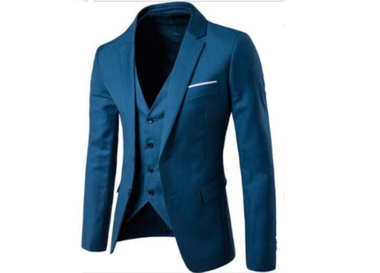 Teal blue 3-piece cotton suit with pocket square decoration